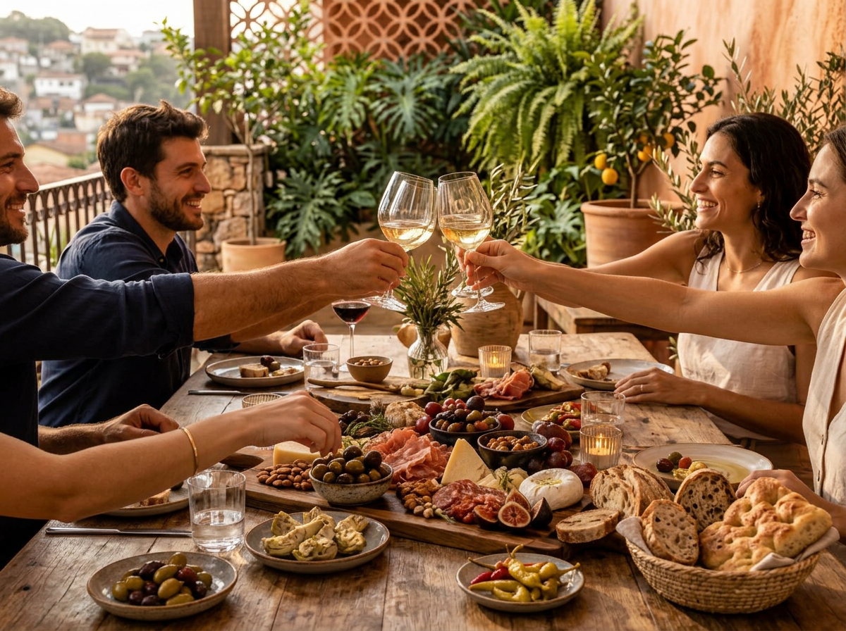 Amigos celebrando em um terraço com queijos, frios, antepastos e vinho à mesa