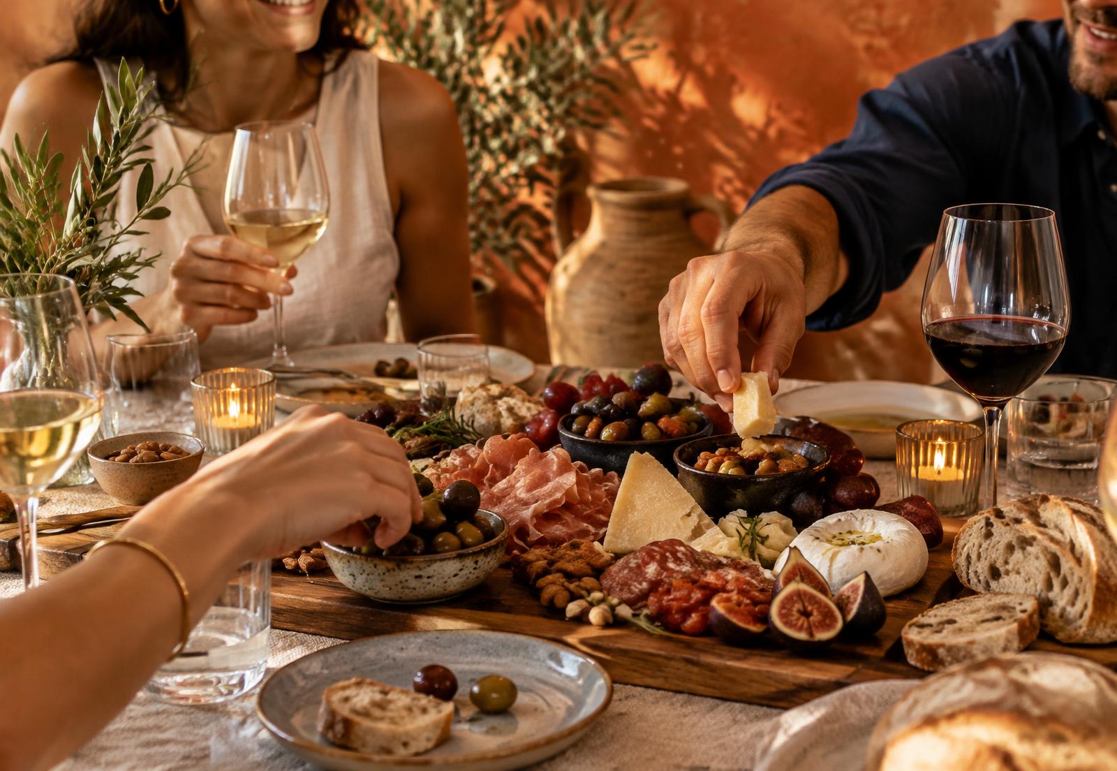 Amigos compartilhando queijos, frios e vinho em uma mesa Terrazza